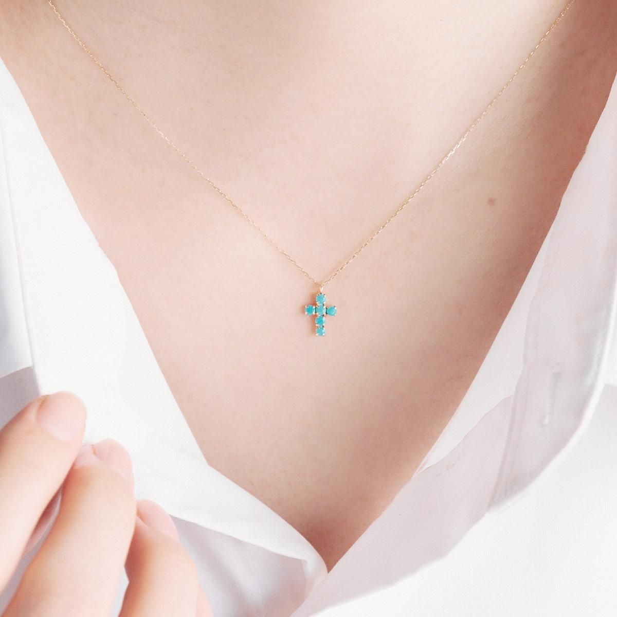 K10YG クロスモチーフ ターコイズネックレス_04