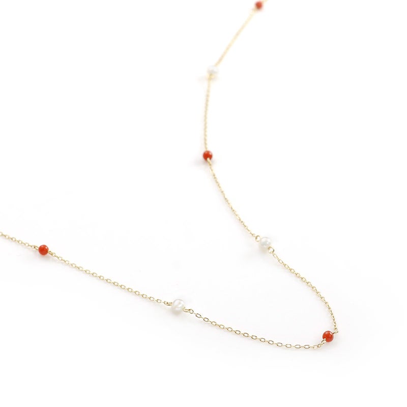 K10YG 珊瑚＆淡水真珠 ステーションネックレス_03