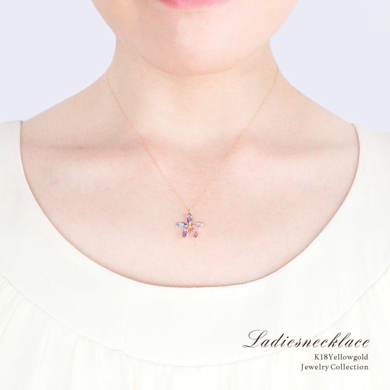 K18YG マルチストーン フラワーネックレス_05