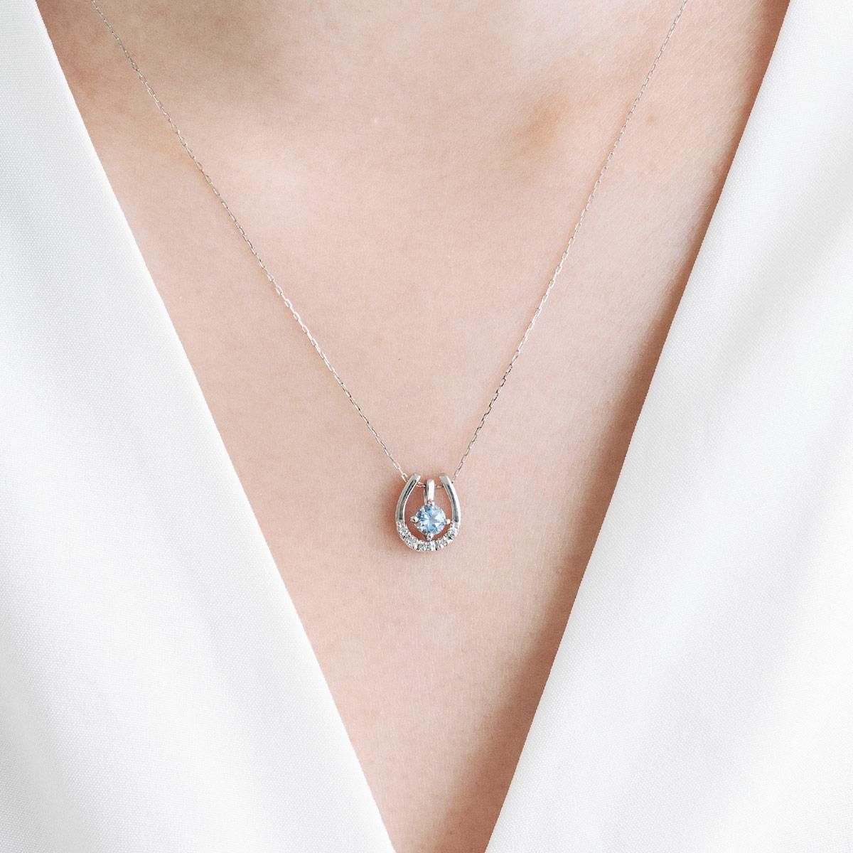 Pt900 ダイヤモンド＆アクアマリン 馬蹄（ホースシュー）ネックレス_04