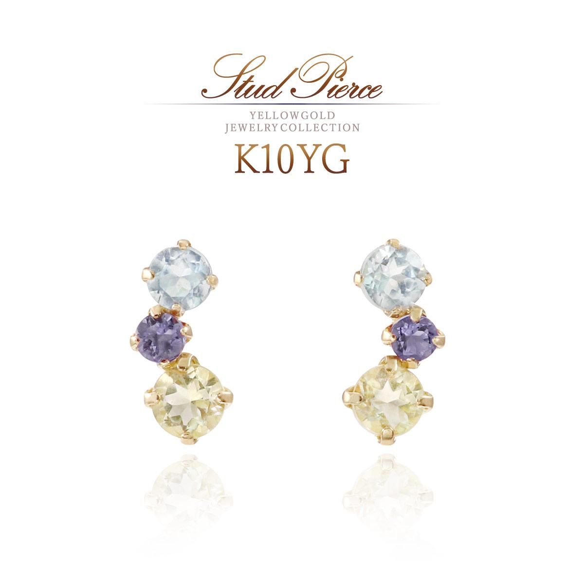 K10YG スカイブルートパーズ＆アイオライト＆ペリドット ピアス_01