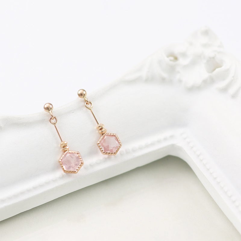 K10PG ローズクォーツ 六角形ピアス_09