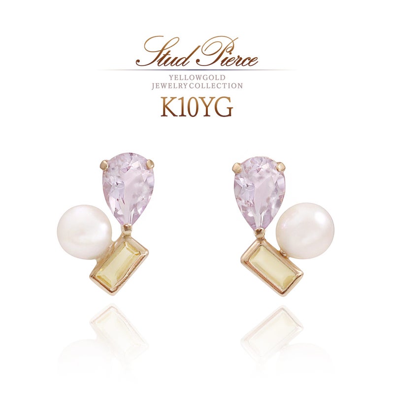 K10YG ライトアメジスト&淡水真珠＆ハニークォーツ ピアス_01