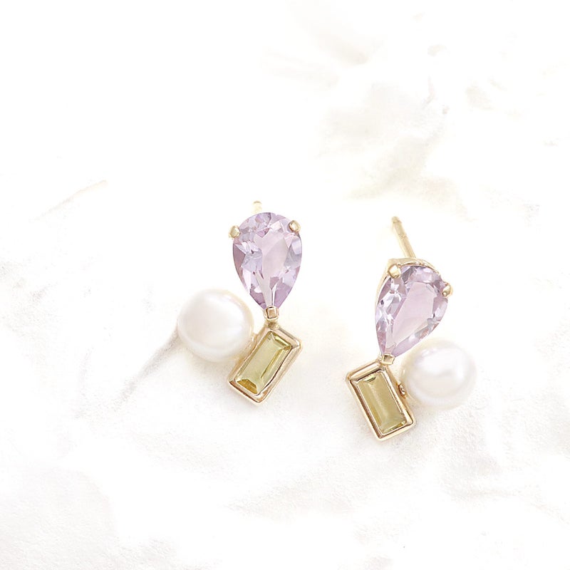 K10YG ライトアメジスト&淡水真珠＆ハニークォーツ ピアス_02