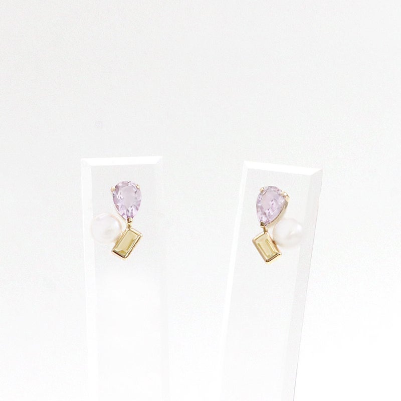 K10YG ライトアメジスト&淡水真珠＆ハニークォーツ ピアス_03