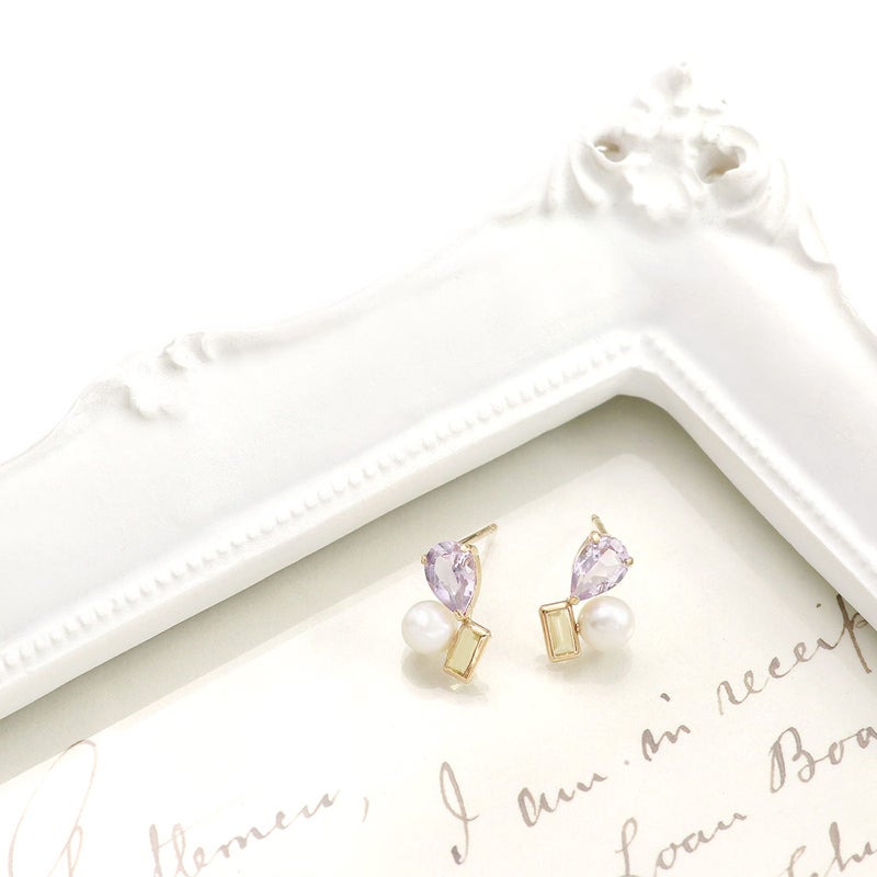 K10YG ライトアメジスト&淡水真珠＆ハニークォーツ ピアス_09