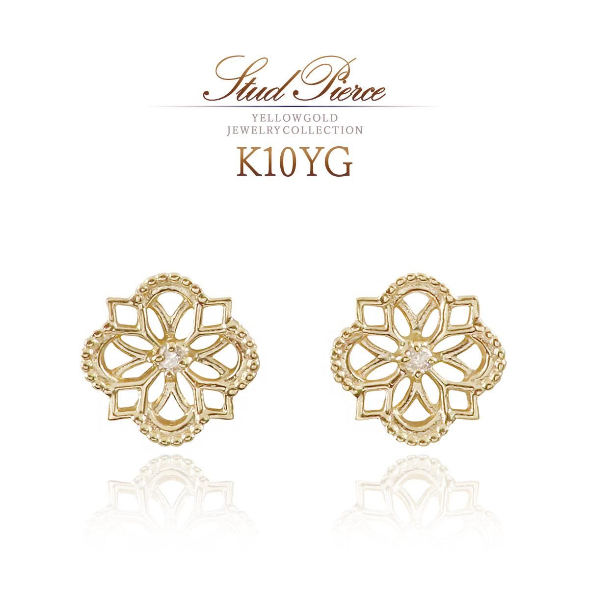 K10YG 花モチーフ ダイヤモンドピアス_01