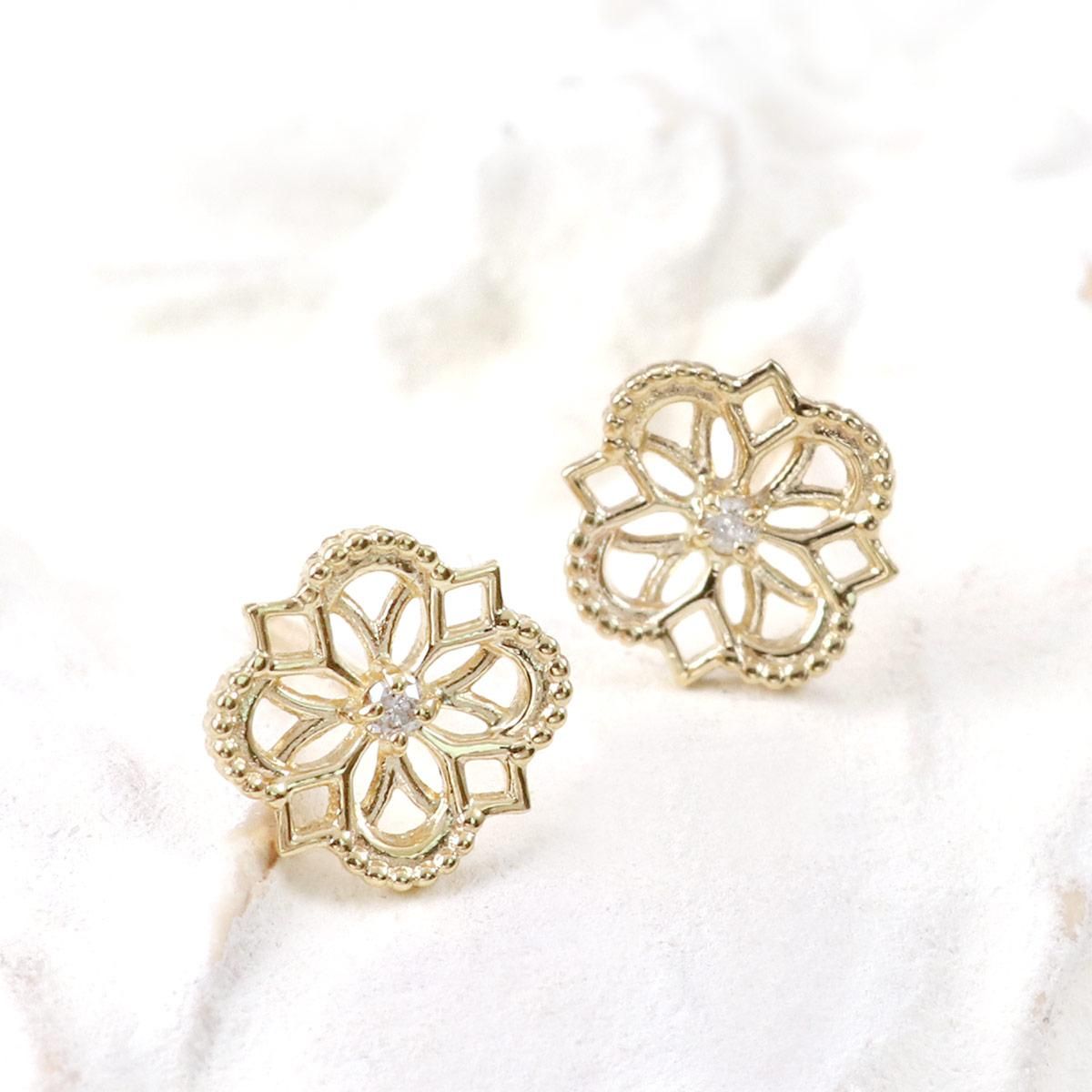 K10YG 花モチーフ ダイヤモンドピアス_02