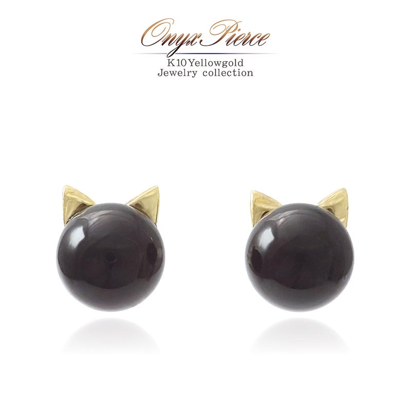 K10YG オニキス 猫ピアス_01