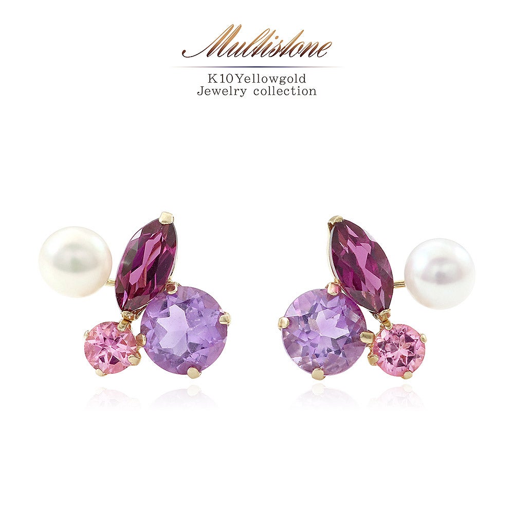 K10YG ライトアメジスト＆ピンクトルマリン＆ロードライトガーネット＆淡水真珠 ピアス_01