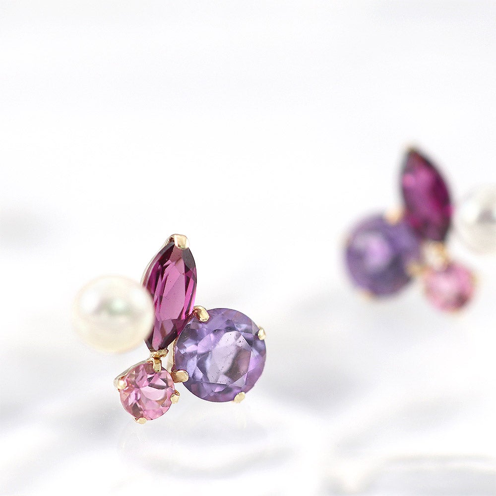K10YG ライトアメジスト＆ピンクトルマリン＆ロードライトガーネット＆淡水真珠 ピアス_12