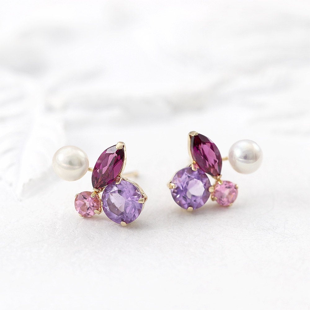 K10YG ライトアメジスト＆ピンクトルマリン＆ロードライトガーネット＆淡水真珠 ピアス_13