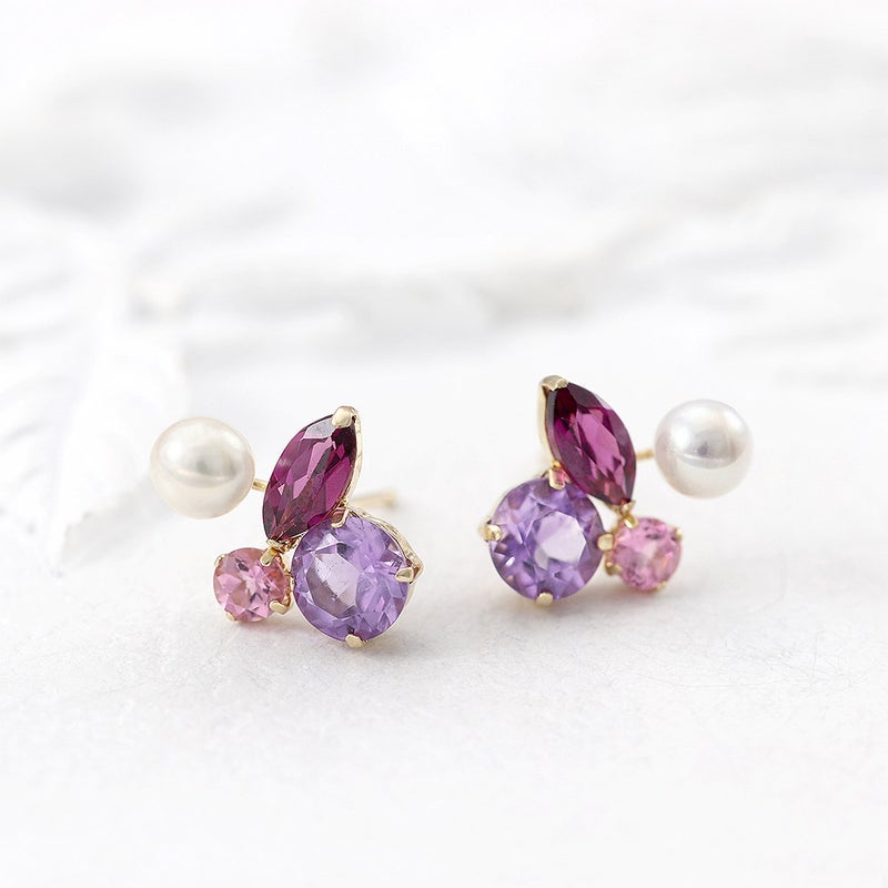 K10YG ライトアメジスト＆ピンクトルマリン＆ロードライトガーネット＆淡水真珠 ピアス_13