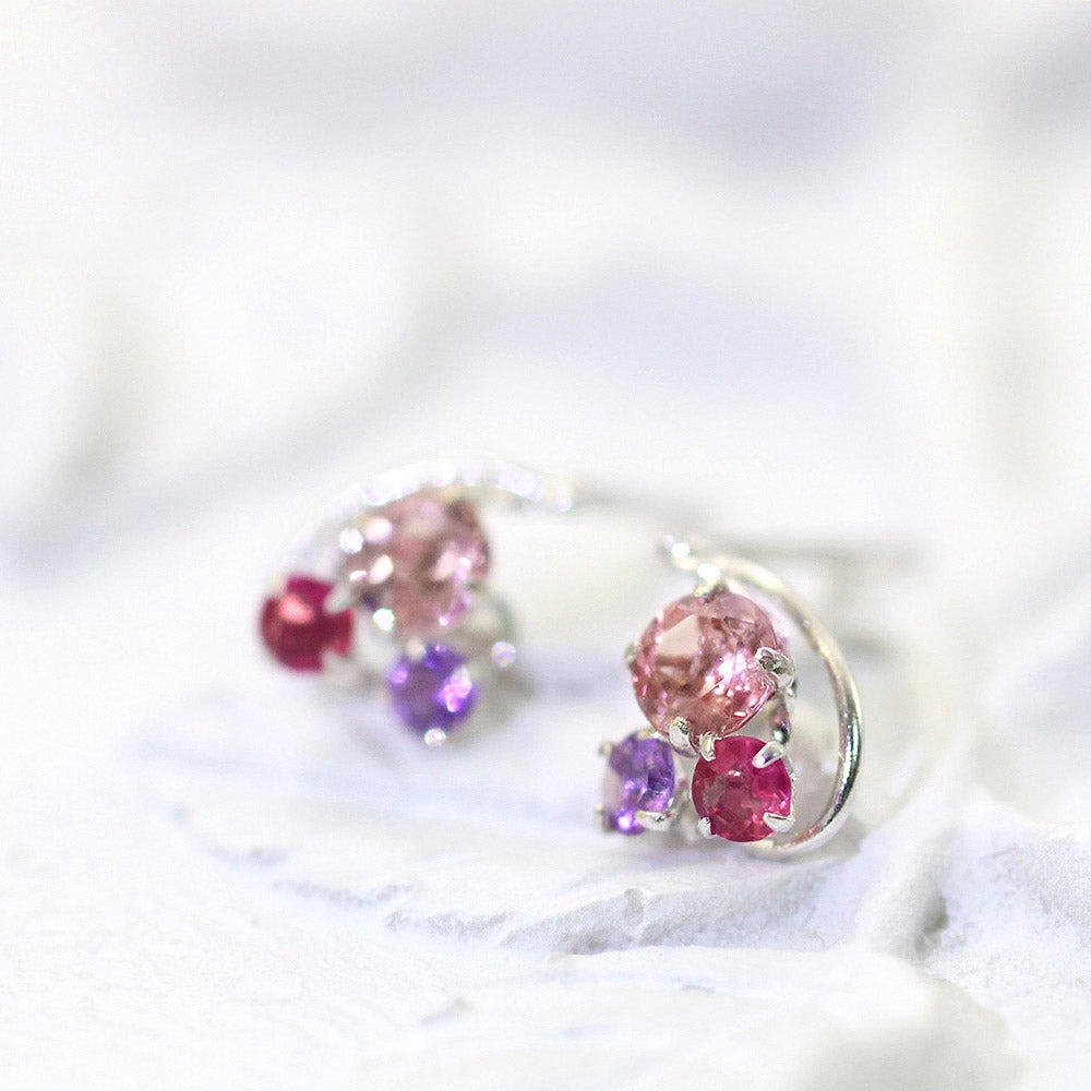 K14WG ピンクトルマリン&ルビー&アメジスト ピアス 10月 誕生石_02