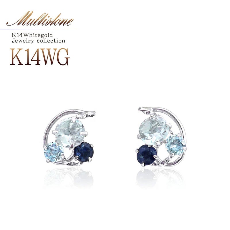 K14WG アクアマリン&ブルートパーズ&サファイア ピアス  9月の誕生石_01