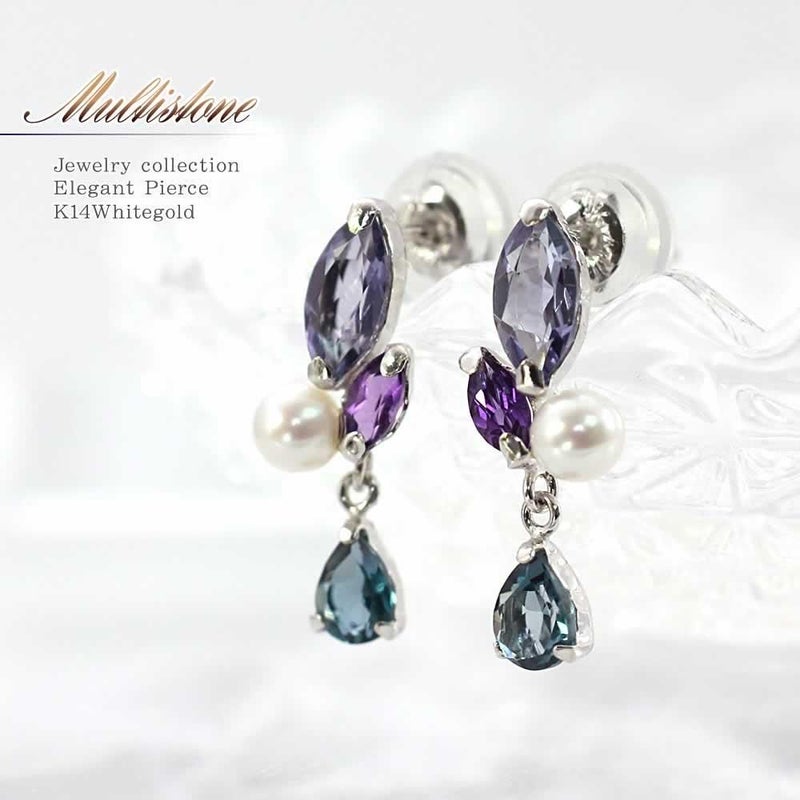 K14WG アメジスト&トパーズ&アイオライト&淡水真珠 ピアス_01