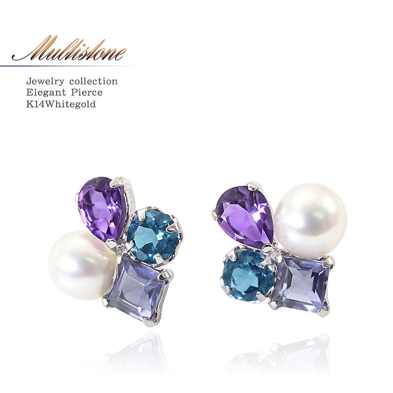 K14WG アメジスト&トパーズ&アイオライト&淡水真珠 ピアス_01