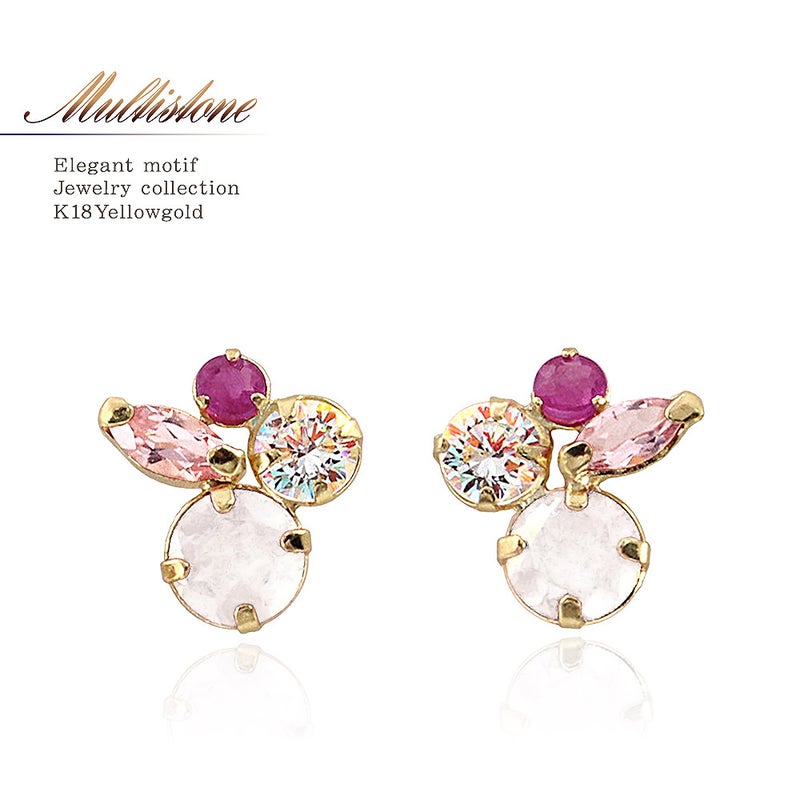 K18YG ルビー&ローズクォーツ&ピンクトルマリン ピアス_01