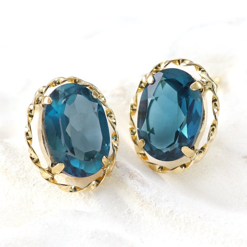 18金イエローゴールド ロンドンブルートパーズ ピアス オーバルカット 一粒 宝石アップの画像
