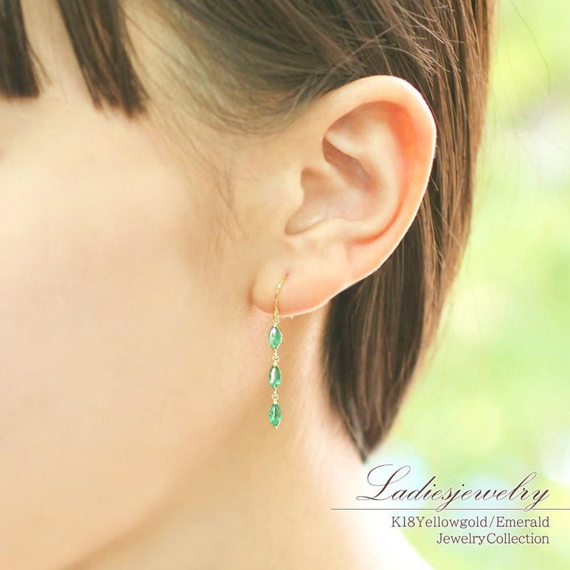 K18YG エメラルド スリーストーン ロングピアス_09