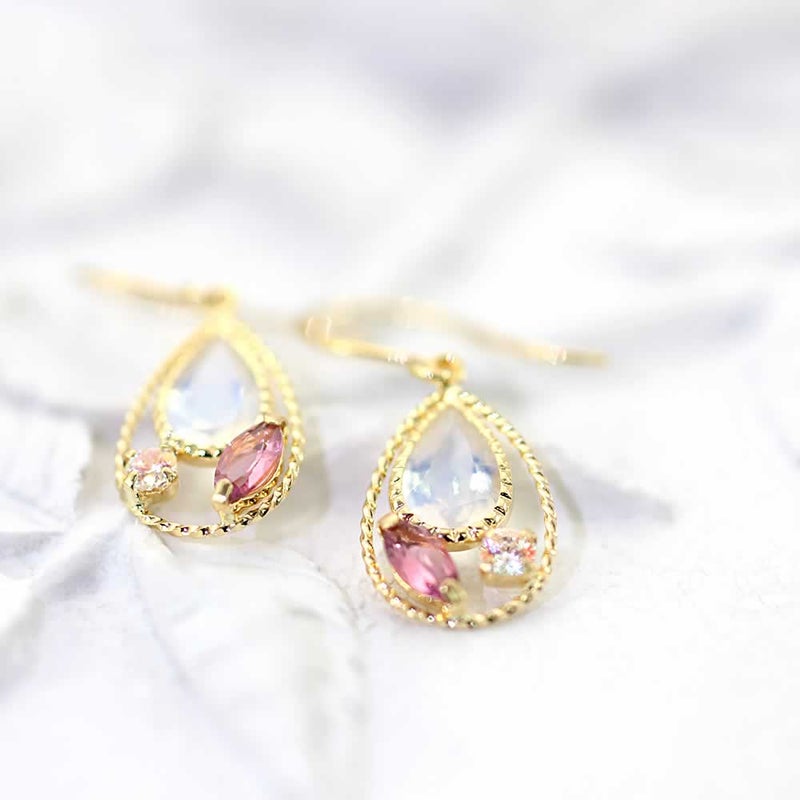 K18YG ピンクトルマリン&ブルームーンストーン ピアス 10月の誕生石_02