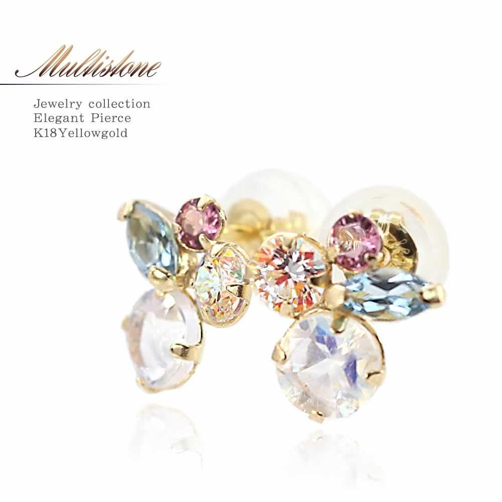 K18YG ピンクトルマリン&ブルームーンストーン&ブルートパーズ ピアス_01