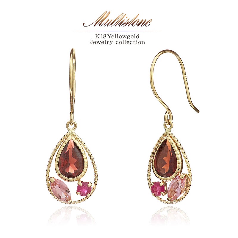 K18YG ガーネット＆ルビー＆ピンクトルマリン フックピアス_01