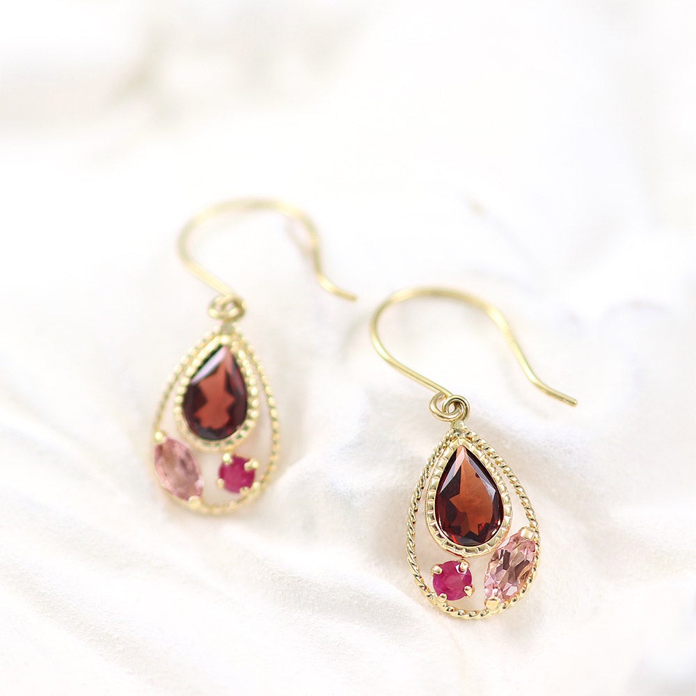 K18YG ガーネット＆ルビー＆ピンクトルマリン フックピアス_02