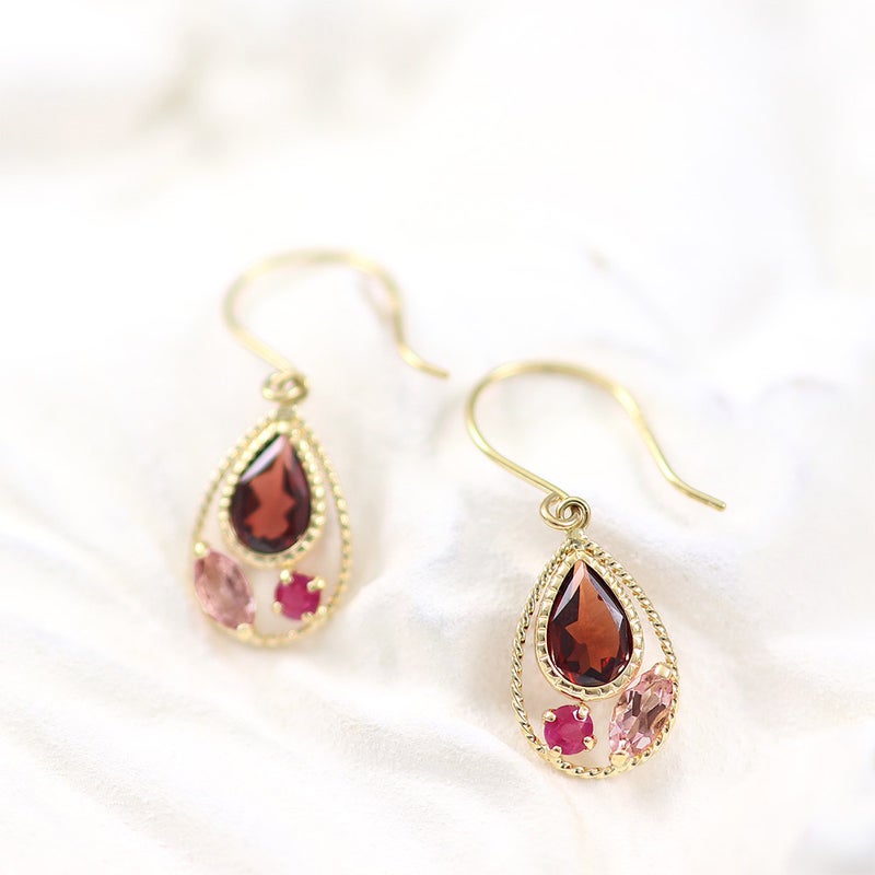 K18YG ガーネット＆ルビー＆ピンクトルマリン フックピアス_02