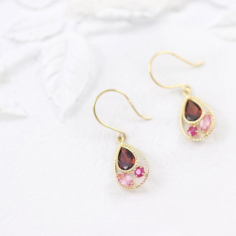 K18YG ガーネット＆ルビー＆ピンクトルマリン フックピアス_09