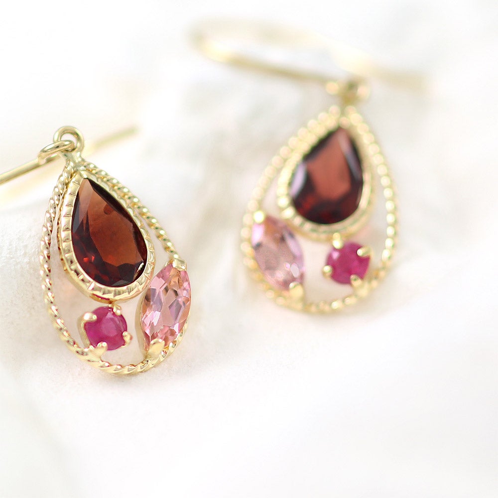 K18YG ガーネット＆ルビー＆ピンクトルマリン フックピアス_10