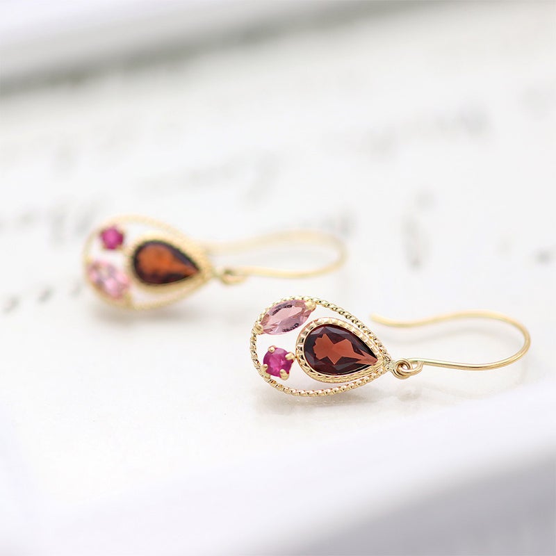 K18YG ガーネット＆ルビー＆ピンクトルマリン フックピアス_11