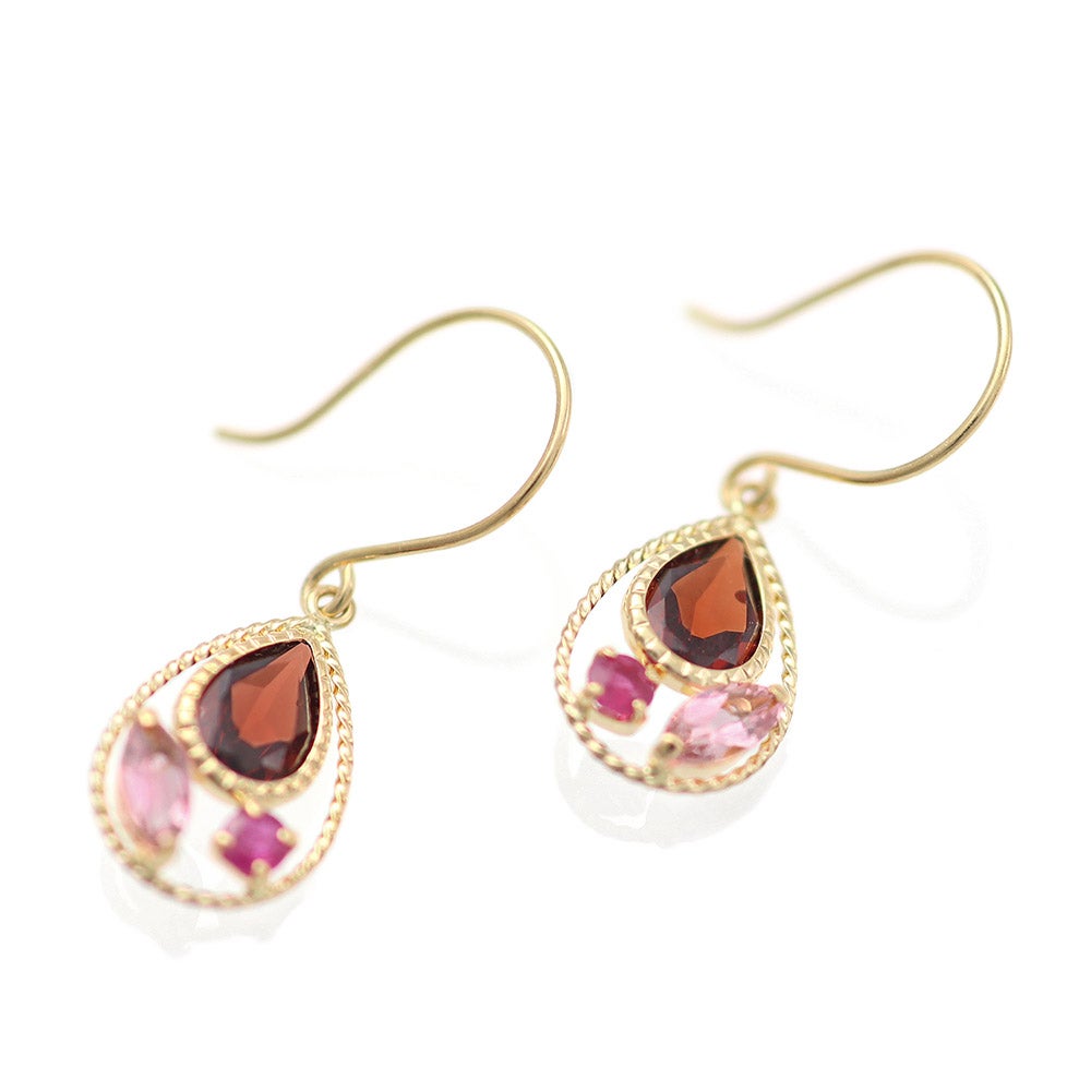 K18YG ガーネット＆ルビー＆ピンクトルマリン フックピアス_12