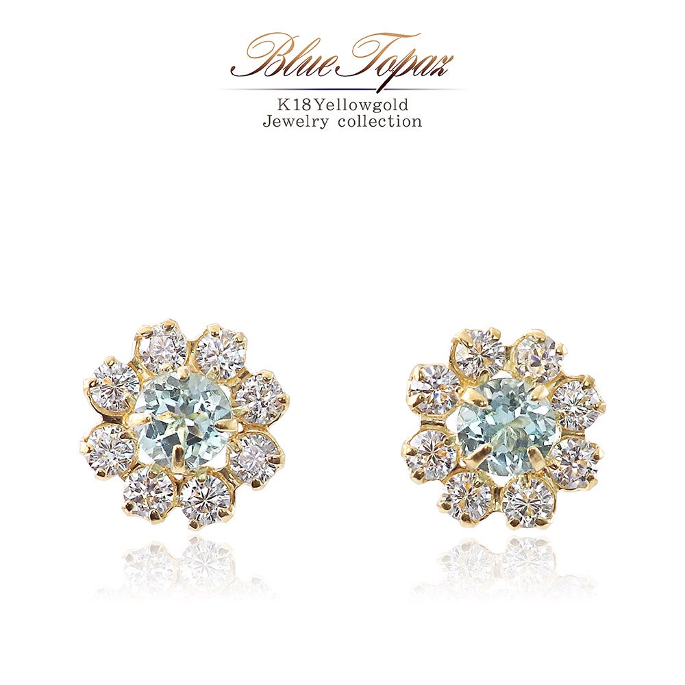 K18YG ブルートパーズ フラワーピアス 11月誕生石_01