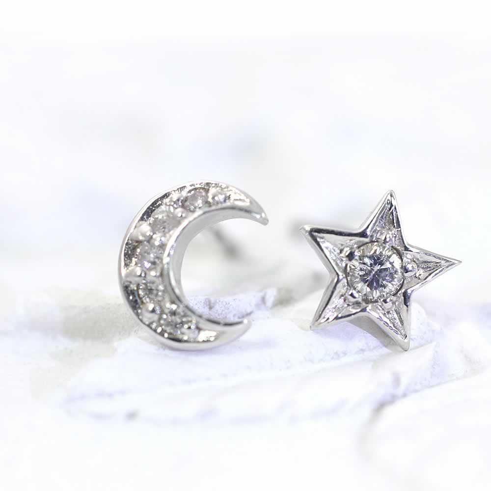 K18WG ダイヤモンド 月と星のピアス_02