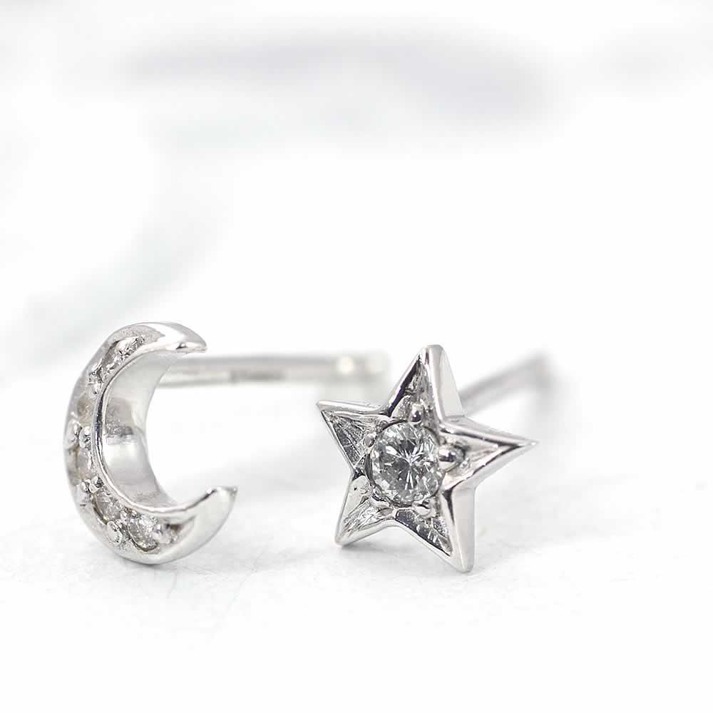 K18WG ダイヤモンド 月と星のピアス_03