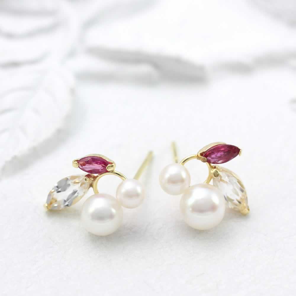 K18YG アコヤ真珠&ルビー&ホワイトトパーズ ピアス_02