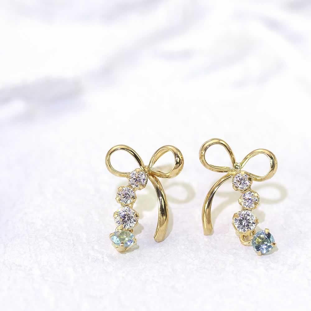 K18YG ブルートパーズ リボンピアス 11月の誕生石_02