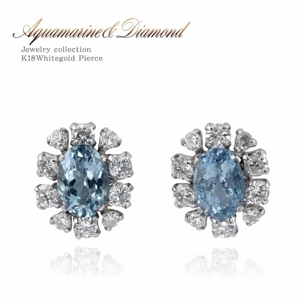K18WG アクアマリン1.0ct ダイヤモンド0.5ct フラワーピアス_01