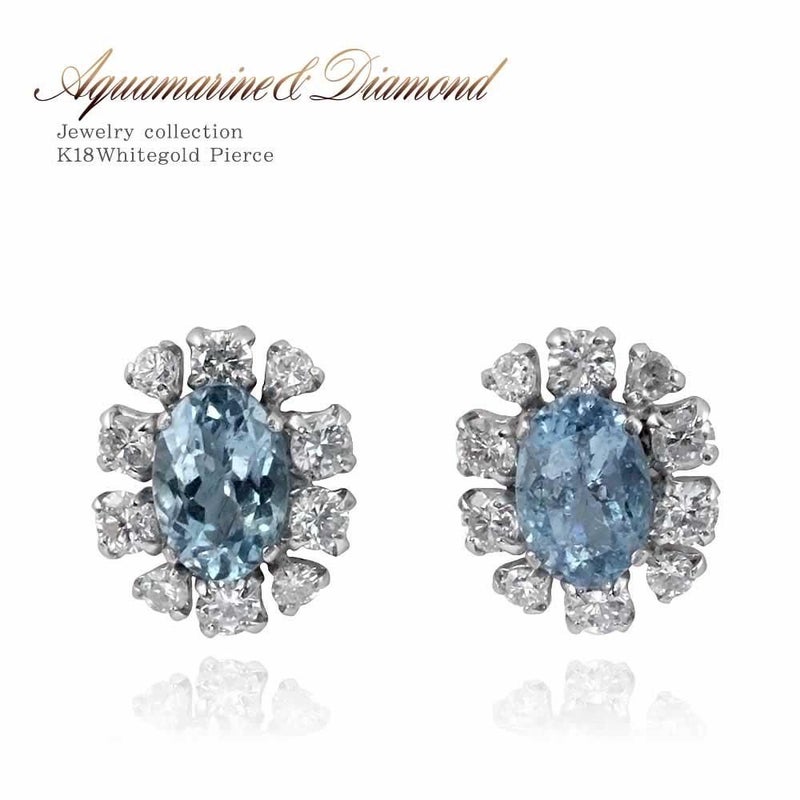 K18WG アクアマリン1.0ct ダイヤモンド0.5ct フラワーピアス_01