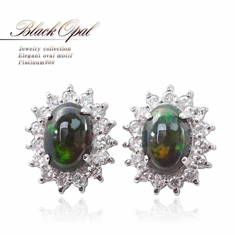 Pt900 ブラックオパール＆ダイヤモンド ピアス 10月誕生石_01