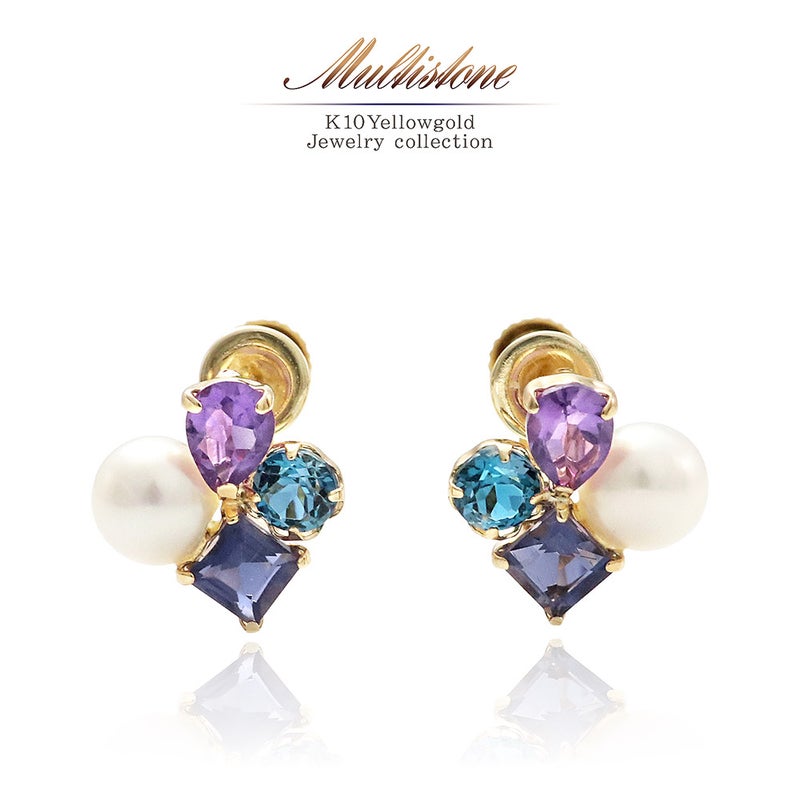 K10YG アメジスト＆アイオライト＆ロンドンブルートパーズ＆淡水真珠 イヤリング_01