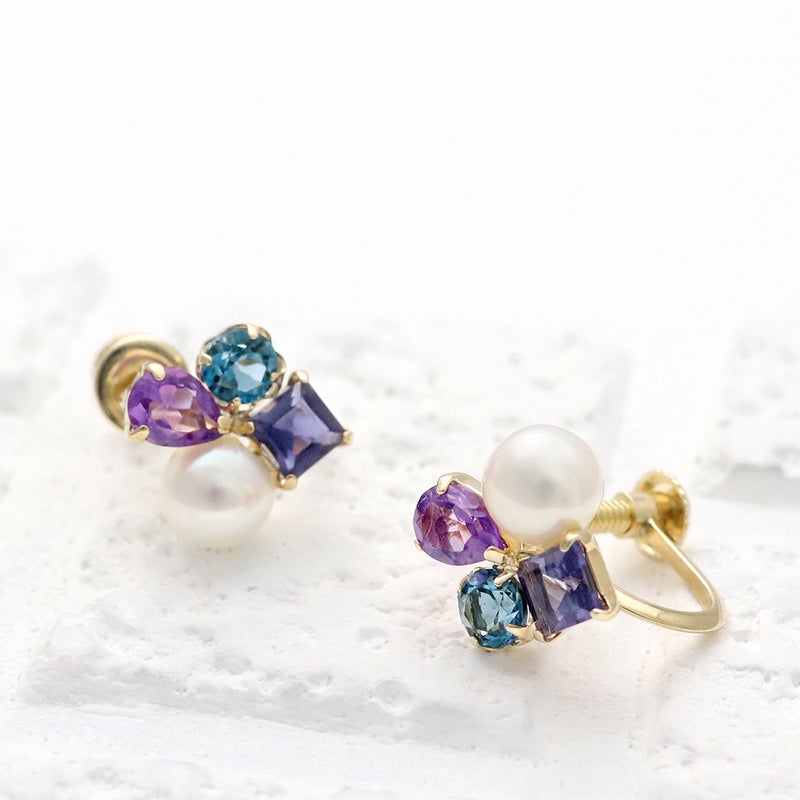 K10YG アメジスト＆アイオライト＆ロンドンブルートパーズ＆淡水真珠 イヤリング_02