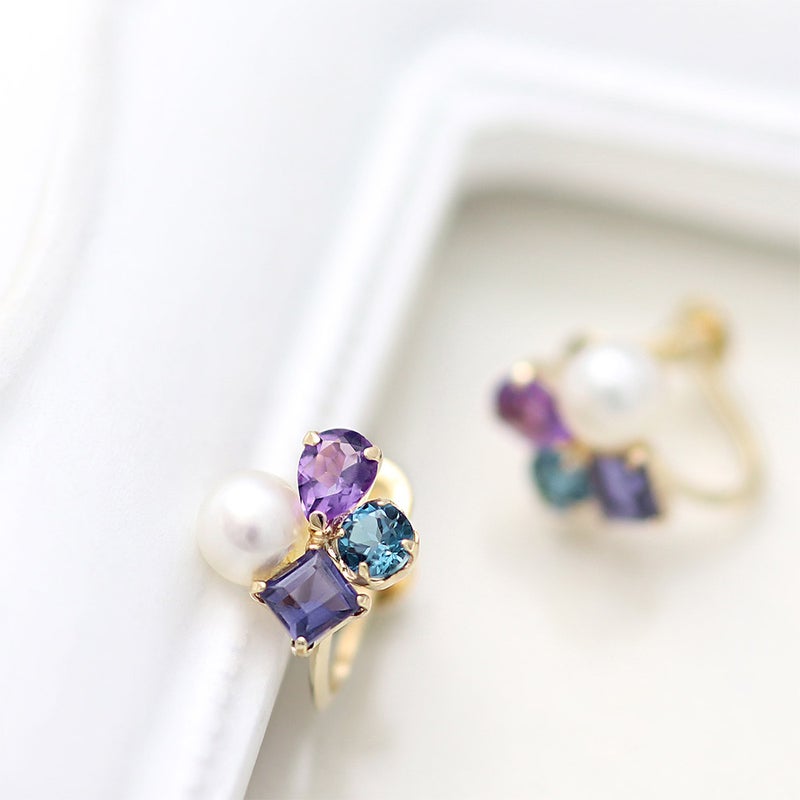 K10YG アメジスト＆アイオライト＆ロンドンブルートパーズ＆淡水真珠 イヤリング_03