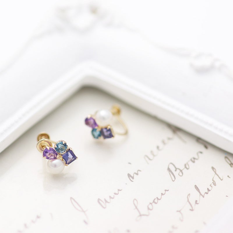 K10YG アメジスト＆アイオライト＆ロンドンブルートパーズ＆淡水真珠 イヤリング_09