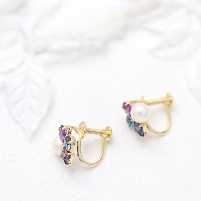 K10YG アメジスト＆アイオライト＆ロンドンブルートパーズ＆淡水真珠 イヤリング_11