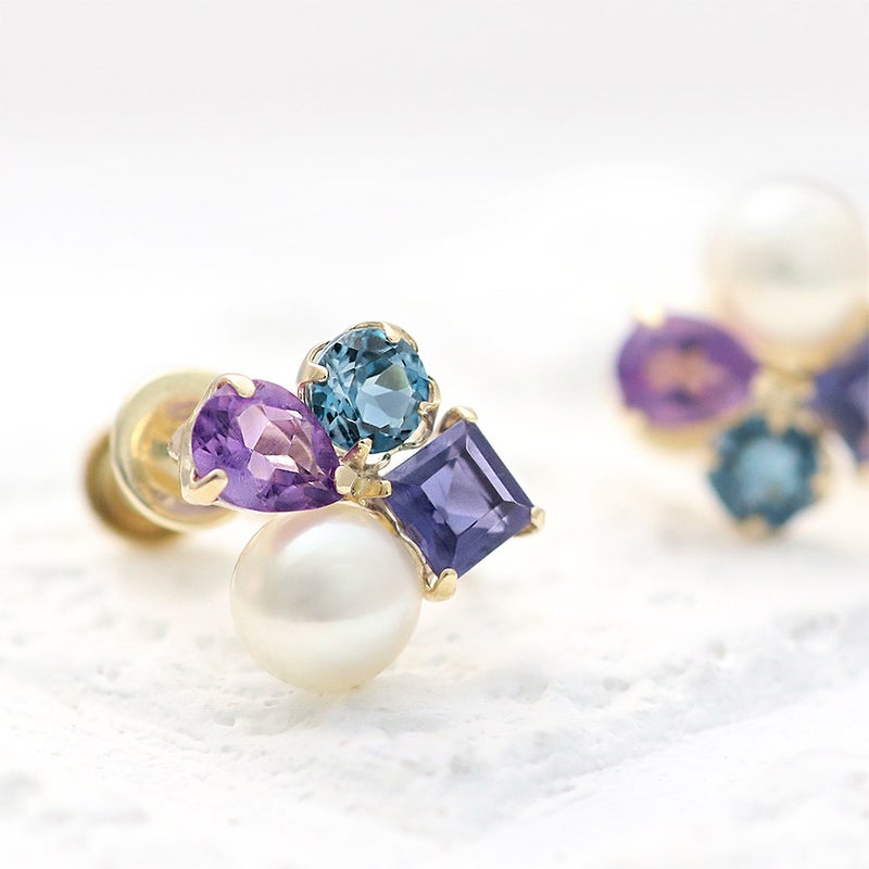 K10YG アメジスト＆アイオライト＆ロンドンブルートパーズ＆淡水真珠 イヤリング_12