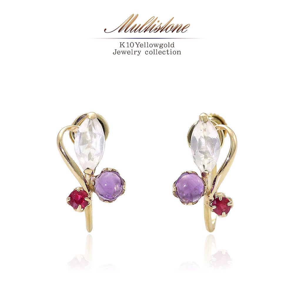K10YG ローズクォーツ＆アメジスト＆ルビー イヤリング_01