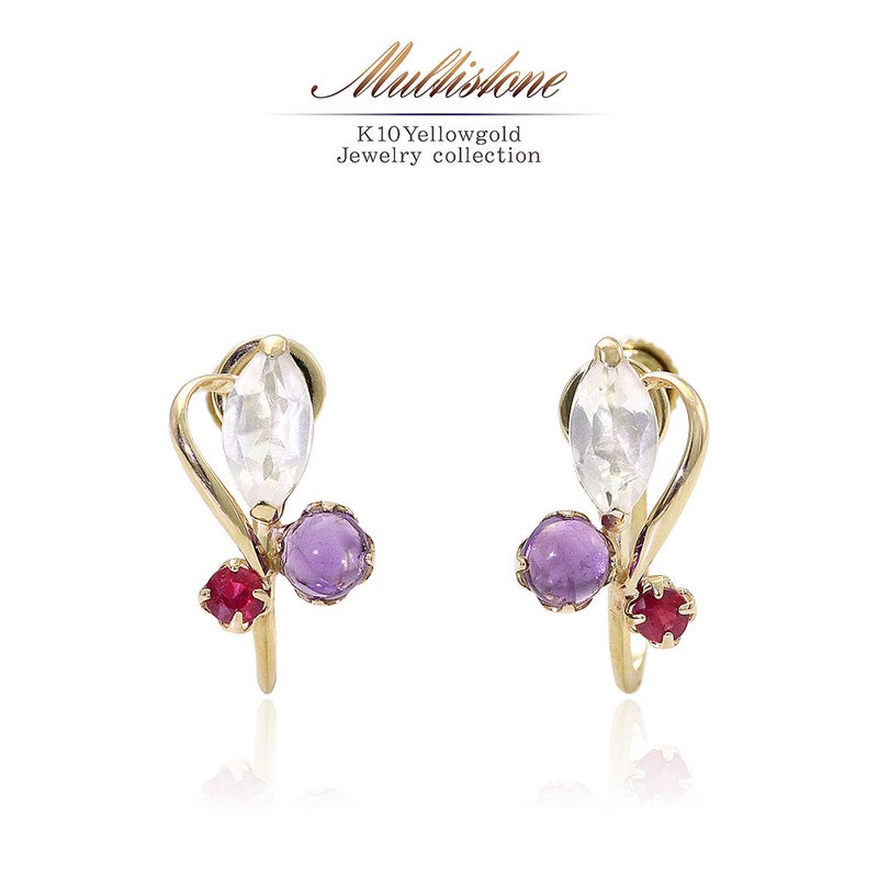 K10YG ローズクォーツ＆アメジスト＆ルビー イヤリング_01