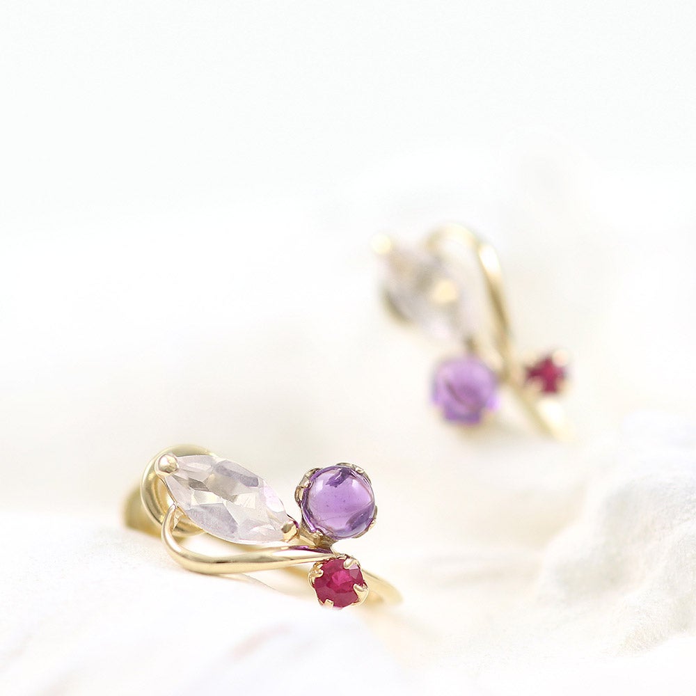 K10YG ローズクォーツ＆アメジスト＆ルビー イヤリング_02